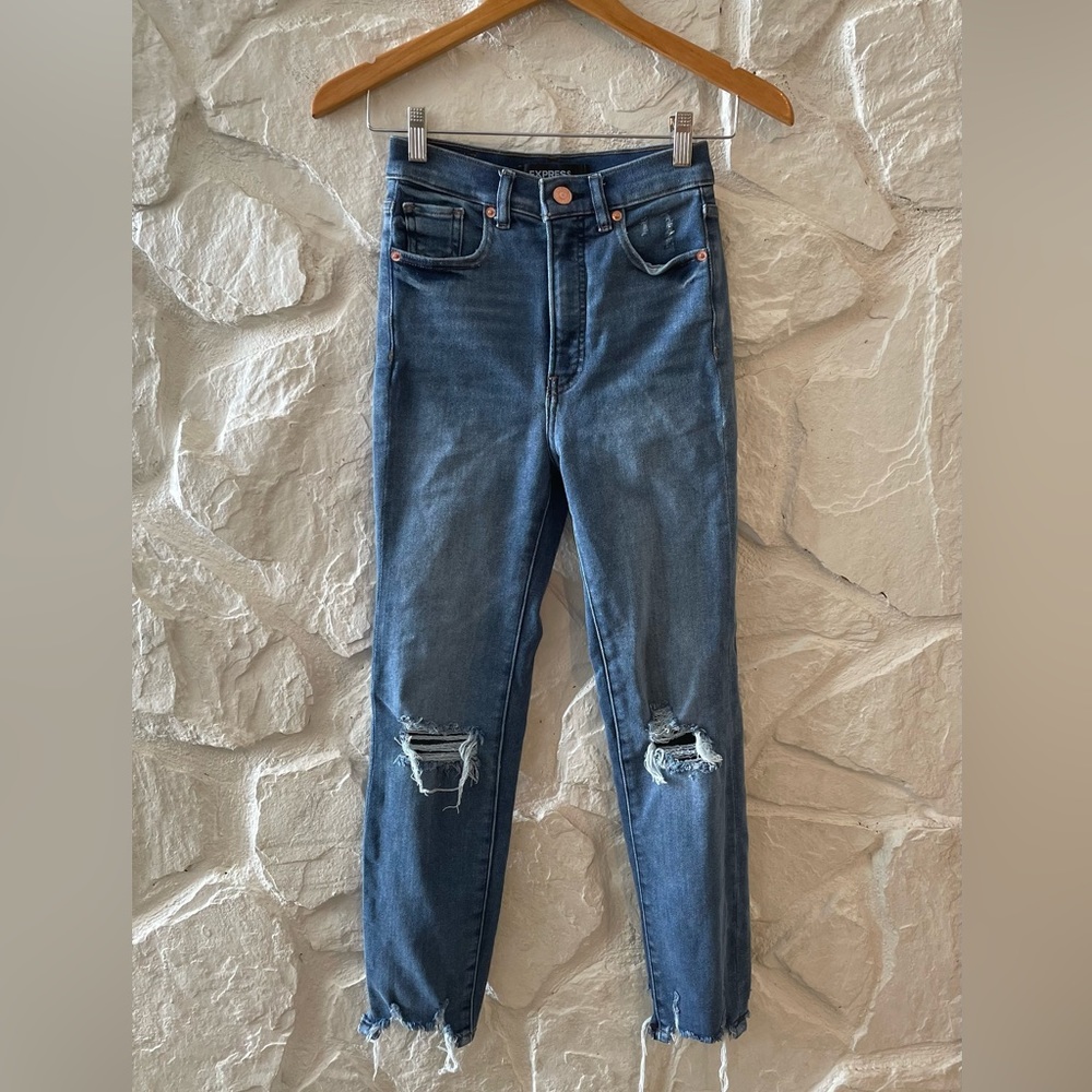 Express Stretch Slim Ankle Super High Rise Ripped Knee Jeans 00R - Picture 2 of 8